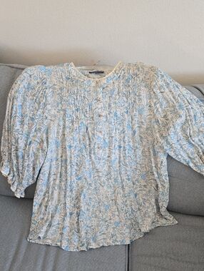 Democracy Cream Blouse with Light Blue Floral Pintucks